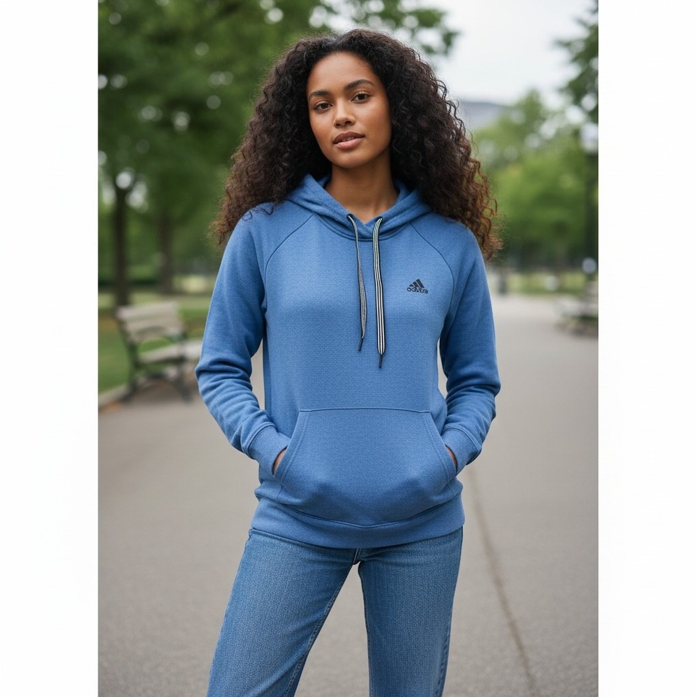 Adidas Pullover Hoodie Women XL Blue Heathered Thumbhole Fleece Sweatshirt
